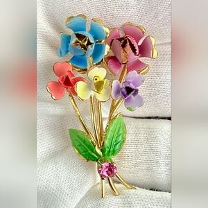 Vintage Austria Signed Floral Colorful Gold Brooch Pin, 2”